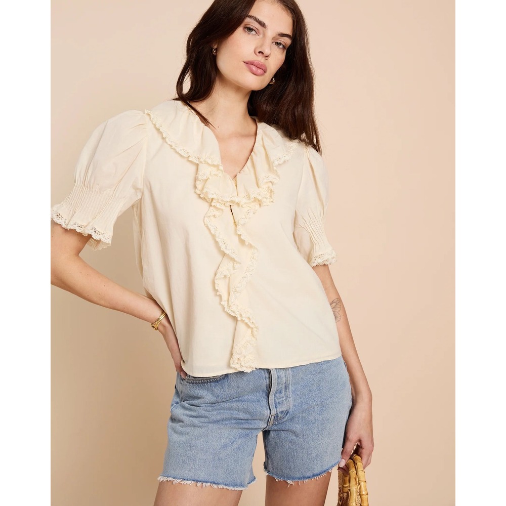 NWT Sorella Sora Cotton Ruffle Lace Trim Top in Butter - Size Large